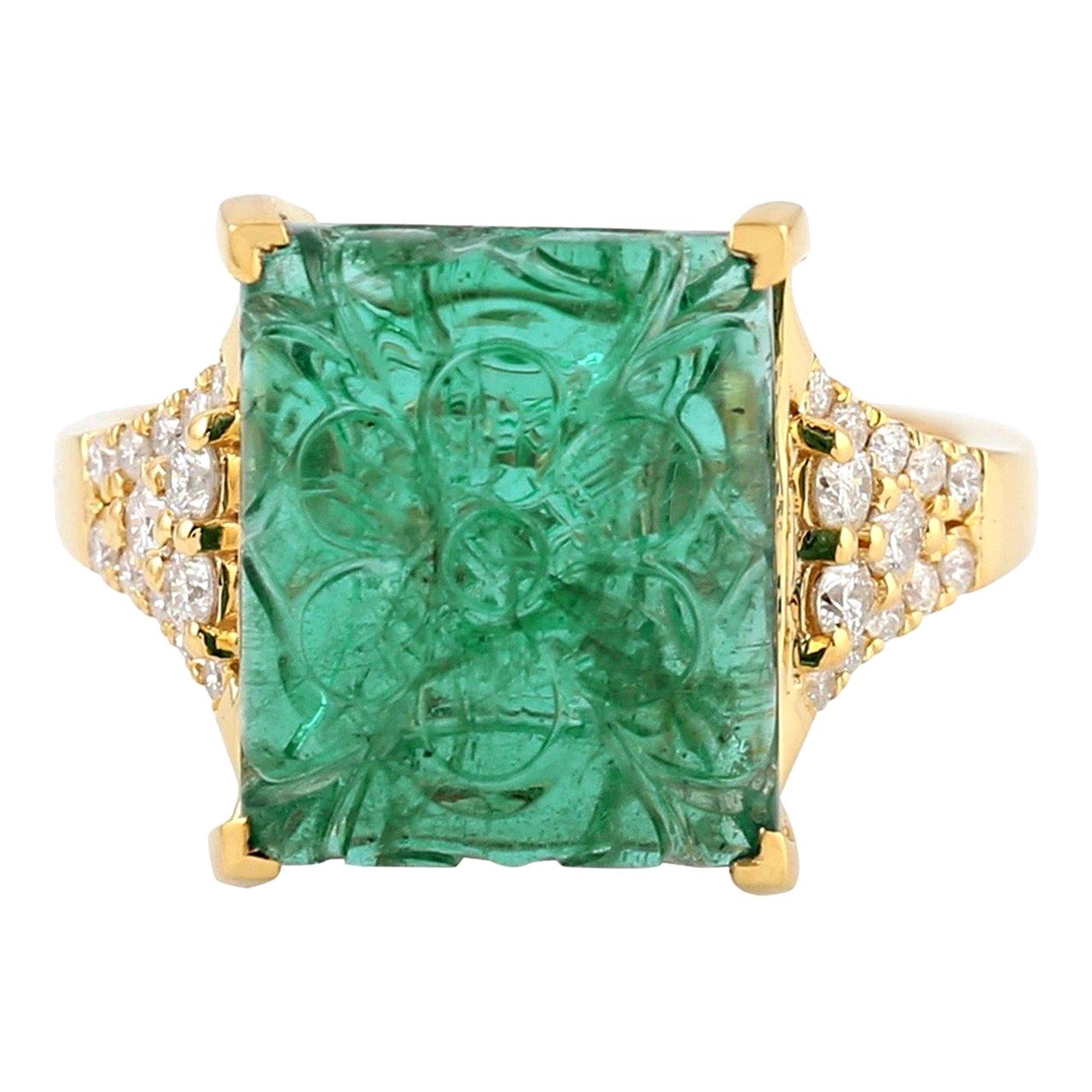 Carved Emerald 14 Karat Gold Diamond Cocktail Ring