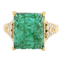 Carved Emerald 14 Karat Gold Diamond Cocktail Ring