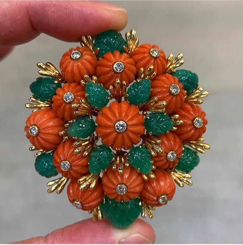 Women's or Men's Carved Emerald and Coral Brooch by David Webb