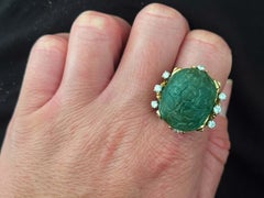 Geschnitzter Smaragd- und Diamant-Cocktailring 14k Gelbgold