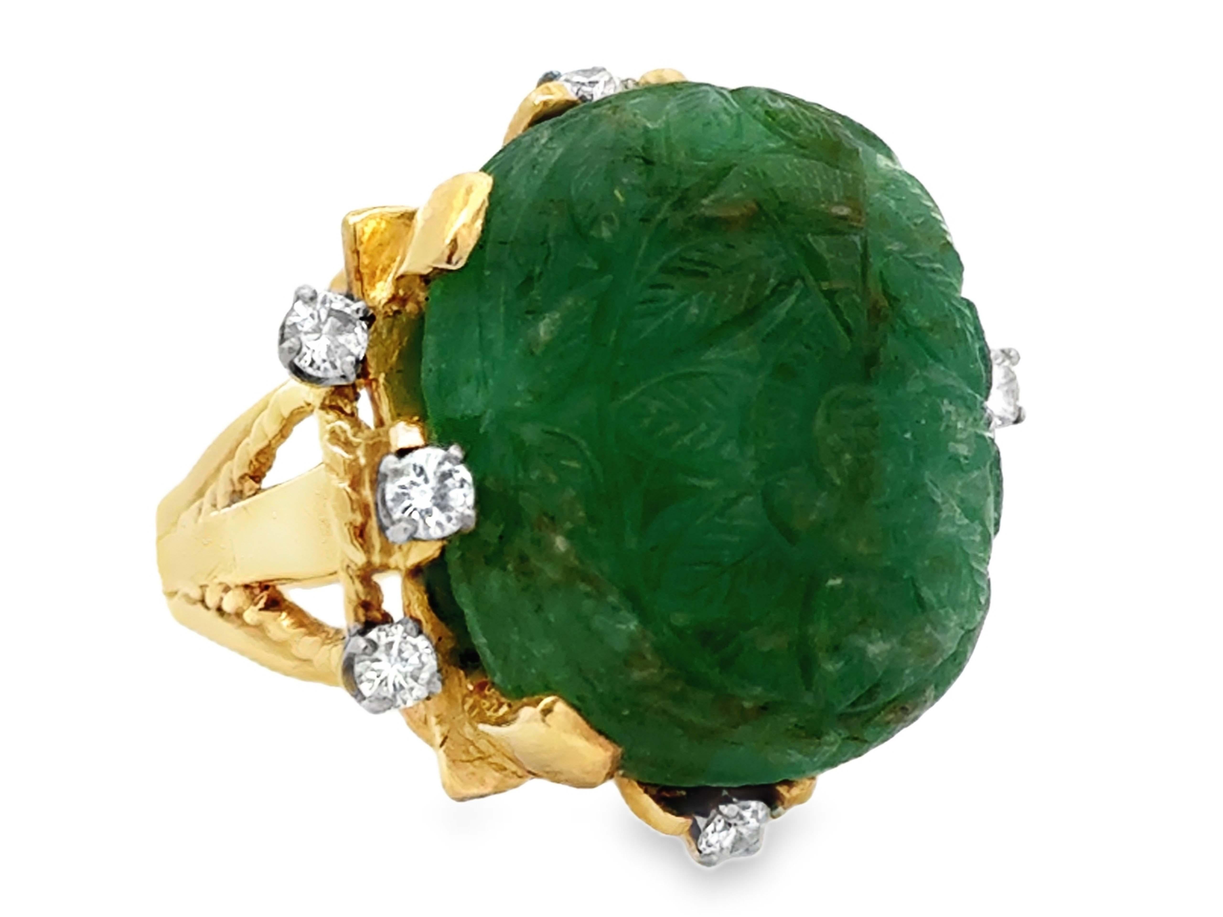 Brilliant Cut Carved Emerald and Diamond Cocktail Ring 14k Yellow Gold For Sale