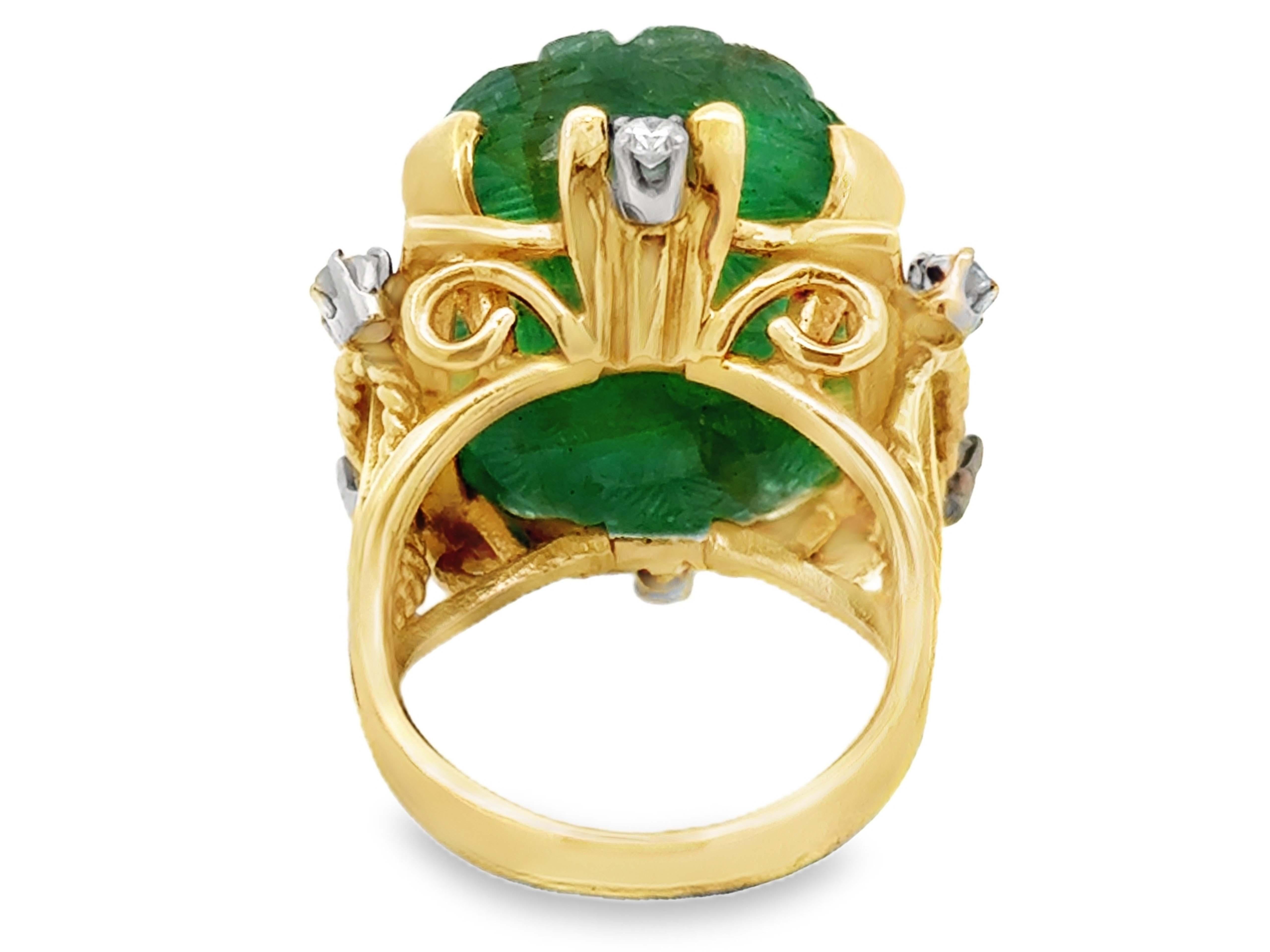 Carved Emerald and Diamond Cocktail Ring 14k Yellow Gold For Sale 2