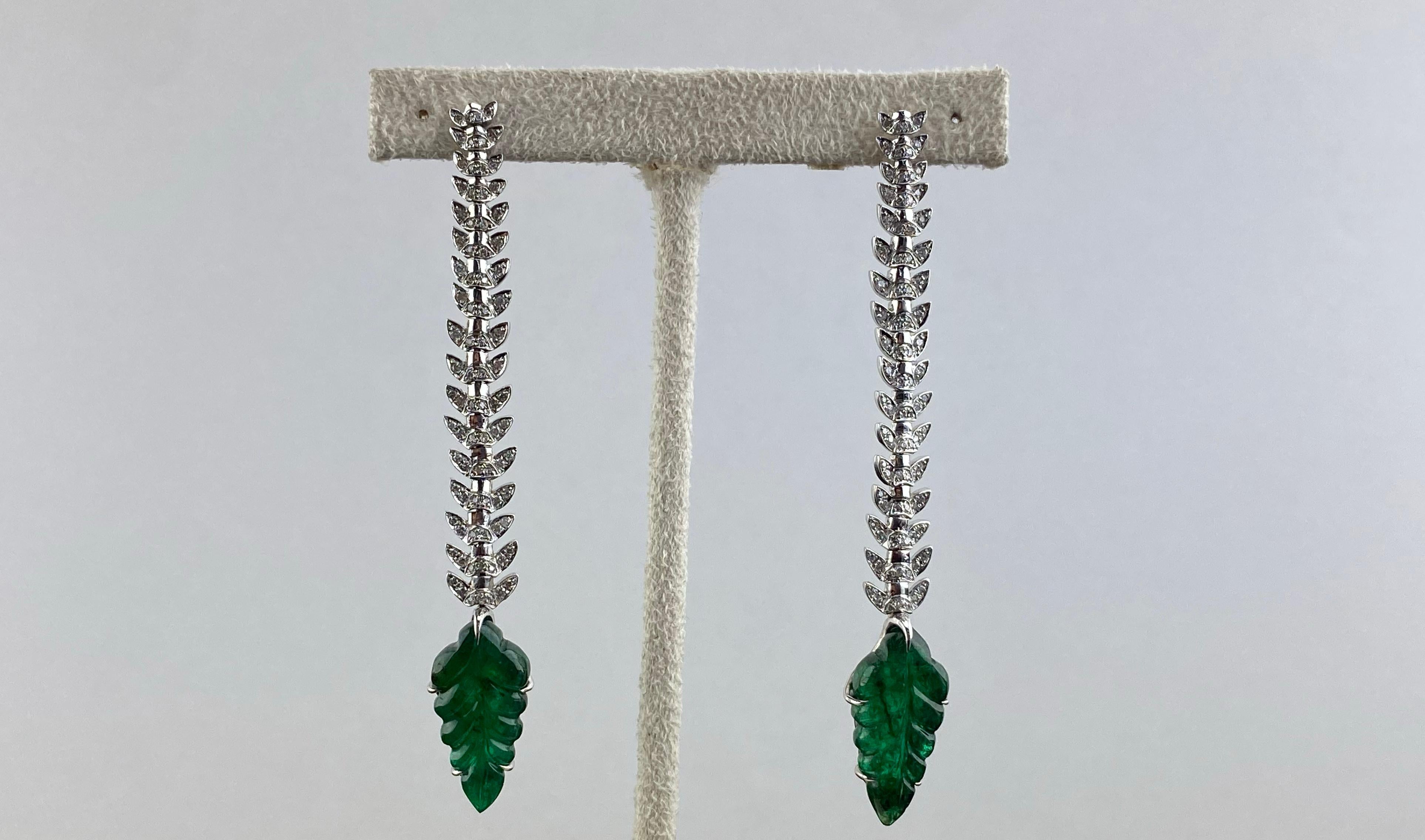Art Deco Carved Emerald and Diamond Dangle Earrings in 18K White Gold For Sale