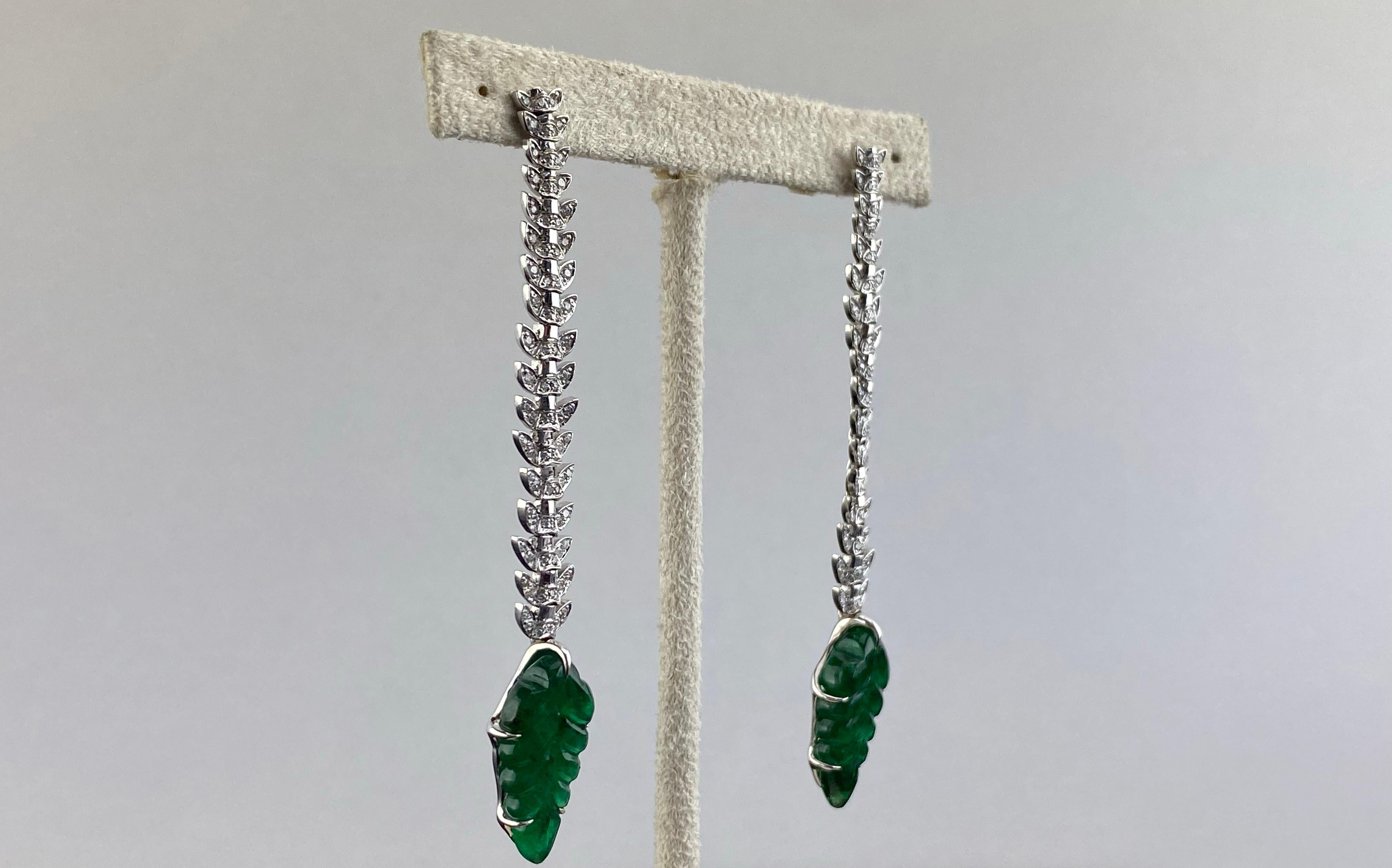Emerald Cut Carved Emerald and Diamond Dangle Earrings in 18K White Gold For Sale