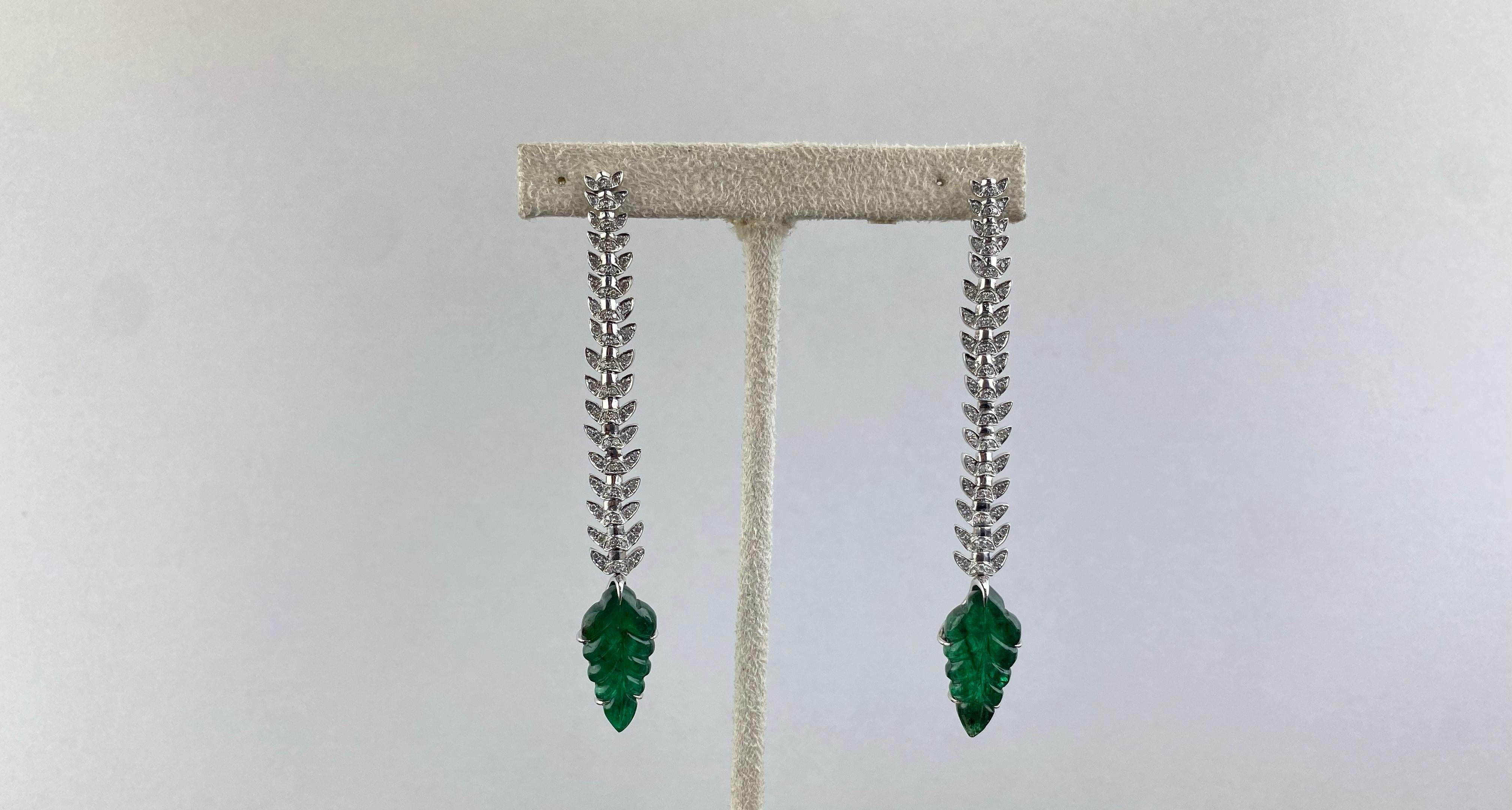 Women's Carved Emerald and Diamond Dangle Earrings in 18K White Gold For Sale