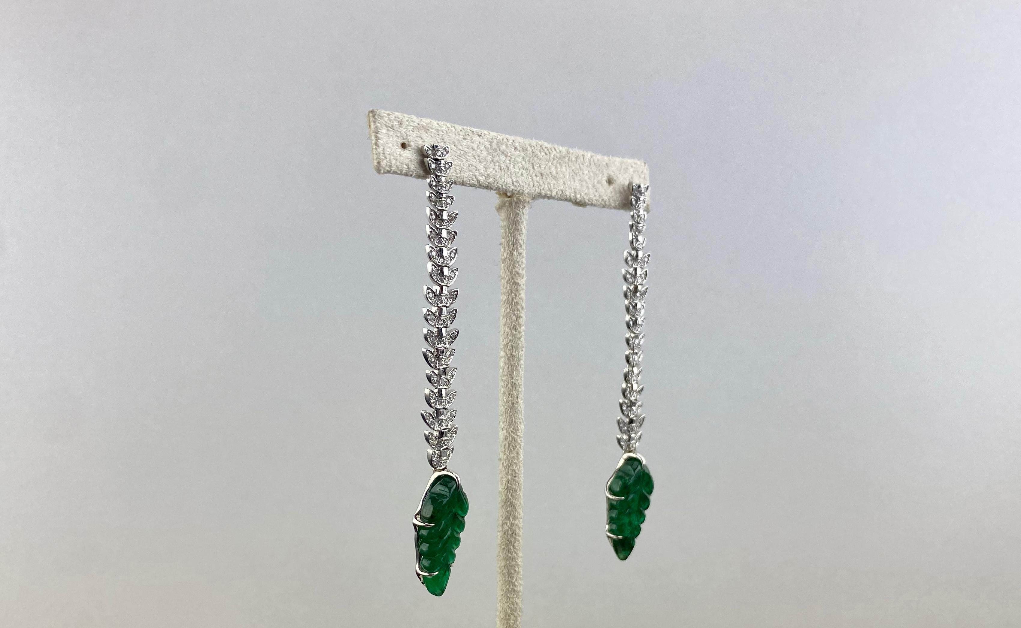 Carved Emerald and Diamond Dangle Earrings in 18K White Gold For Sale 1
