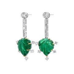 Zambian Emerald Leaf and Diamond Drop Earrings in Platinum - Fei Liu