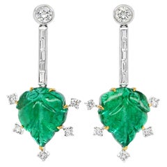 Zambian Emerald Leaf and Diamond Drop Earrings in Platinum - Fei Liu