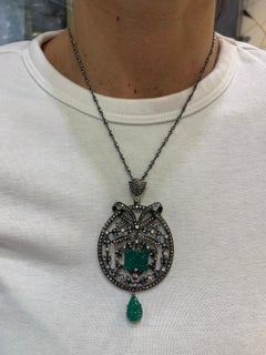 Carved Emerald and Diamond Pendant Necklace