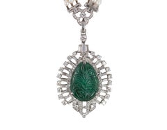 Carved Emerald and Diamond Pendant on Triple-Strand Seed Pearl Necklace