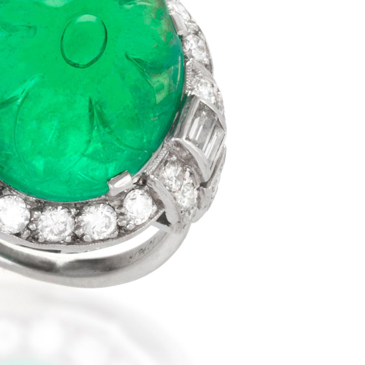 Art Deco Carved Emerald and Diamond Ring For Sale