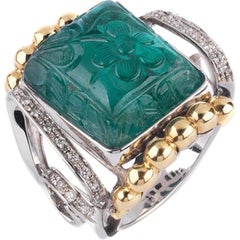 Carved Emerald and Diamond Ring