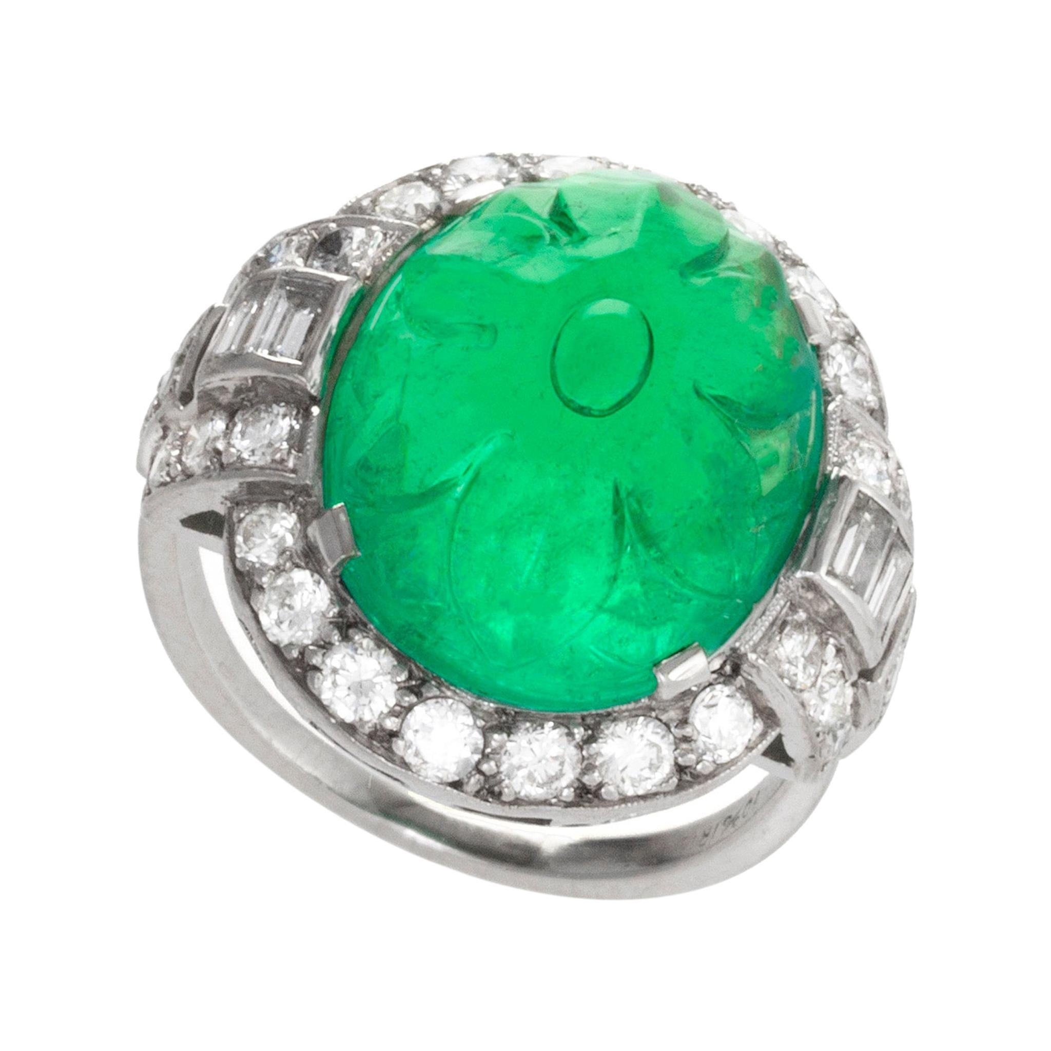 Carved Emerald and Diamond Ring For Sale