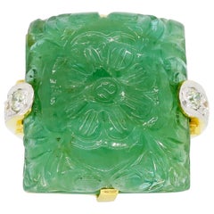 Carved Emerald and Diamond Ring