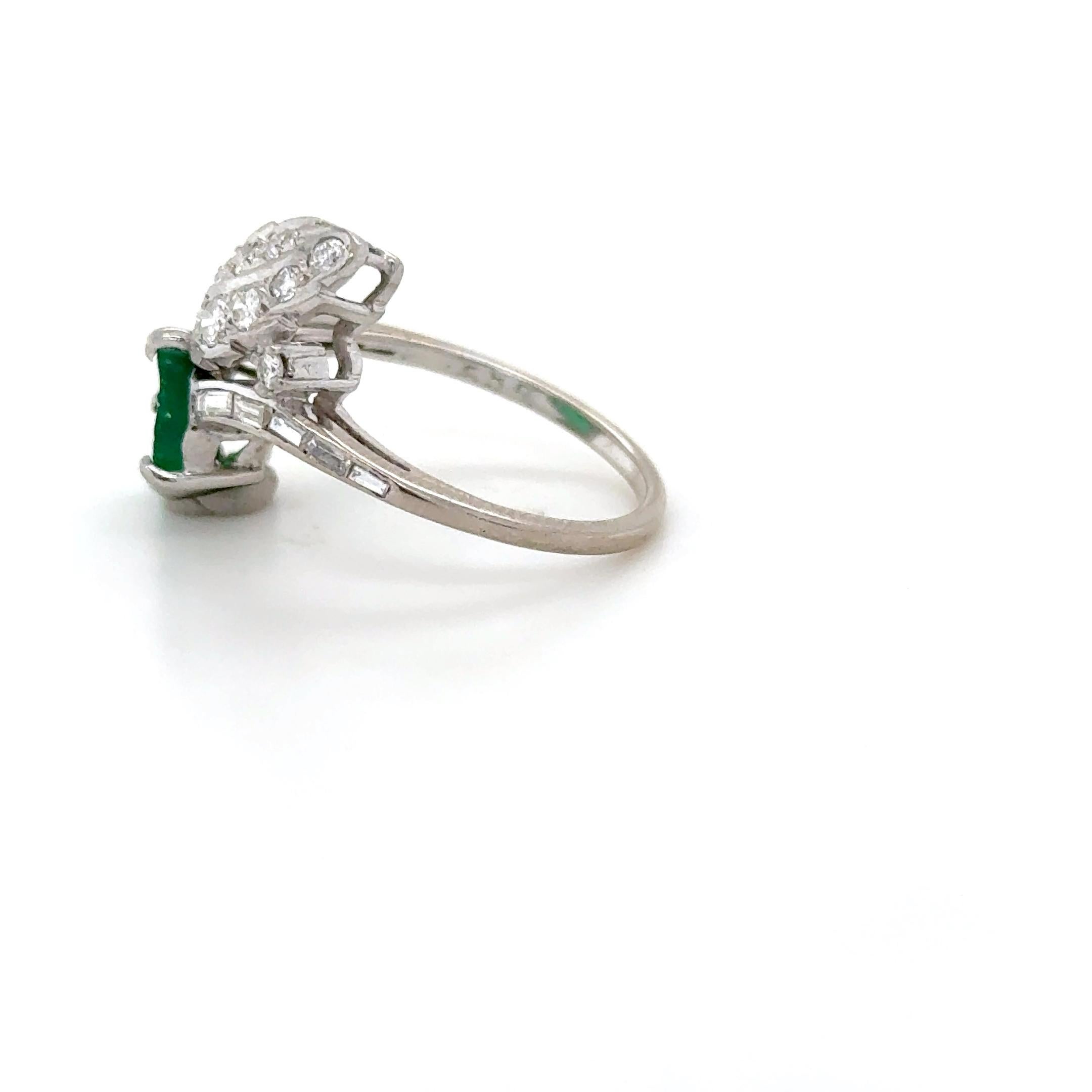 Brilliant Cut Carved Emerald and Diamond Toi et Moi Ring For Sale