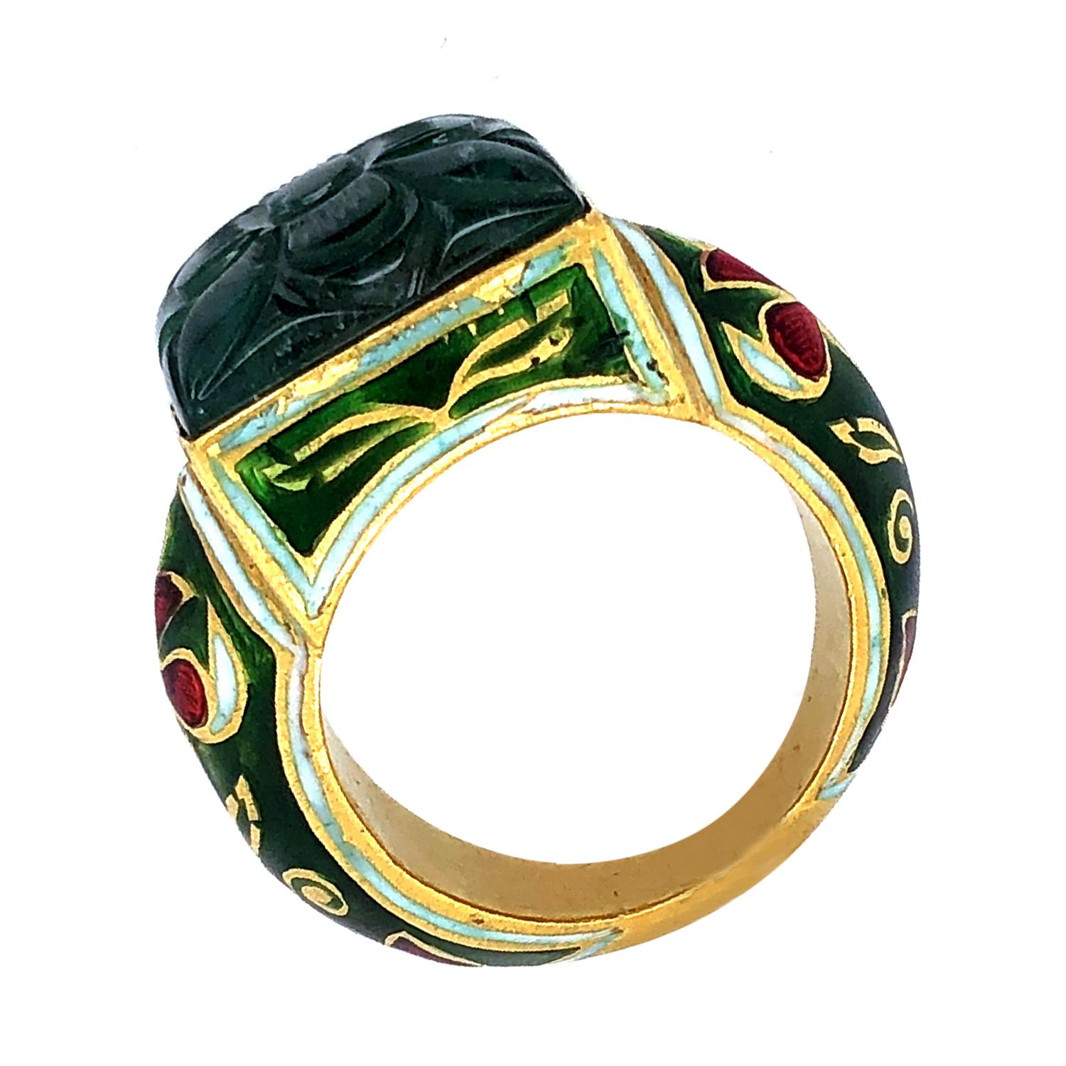 Emerald Cut Carved Emerald Ring With Enamel Floral Motif Made In 22k Gold
