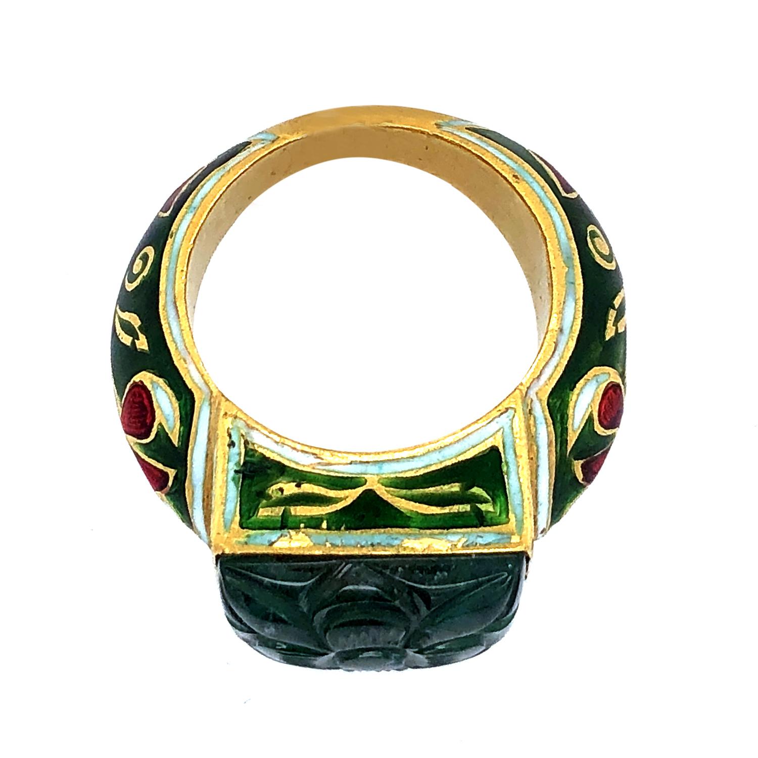 Carved Emerald Ring With Enamel Floral Motif Made In 22k Gold In New Condition In New York, NY