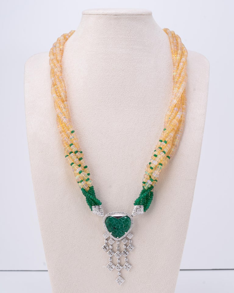 Art Deco Carved Emerald and Opal Beads 18K Gold Multi-Strand Necklace For Sale