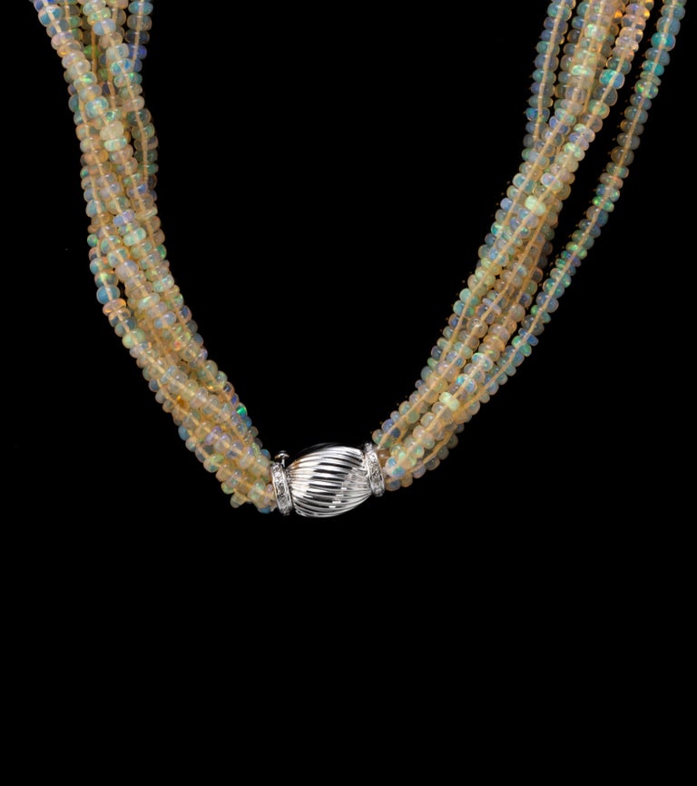 Emerald Cut Carved Emerald and Opal Beads 18K Gold Multi-Strand Necklace For Sale
