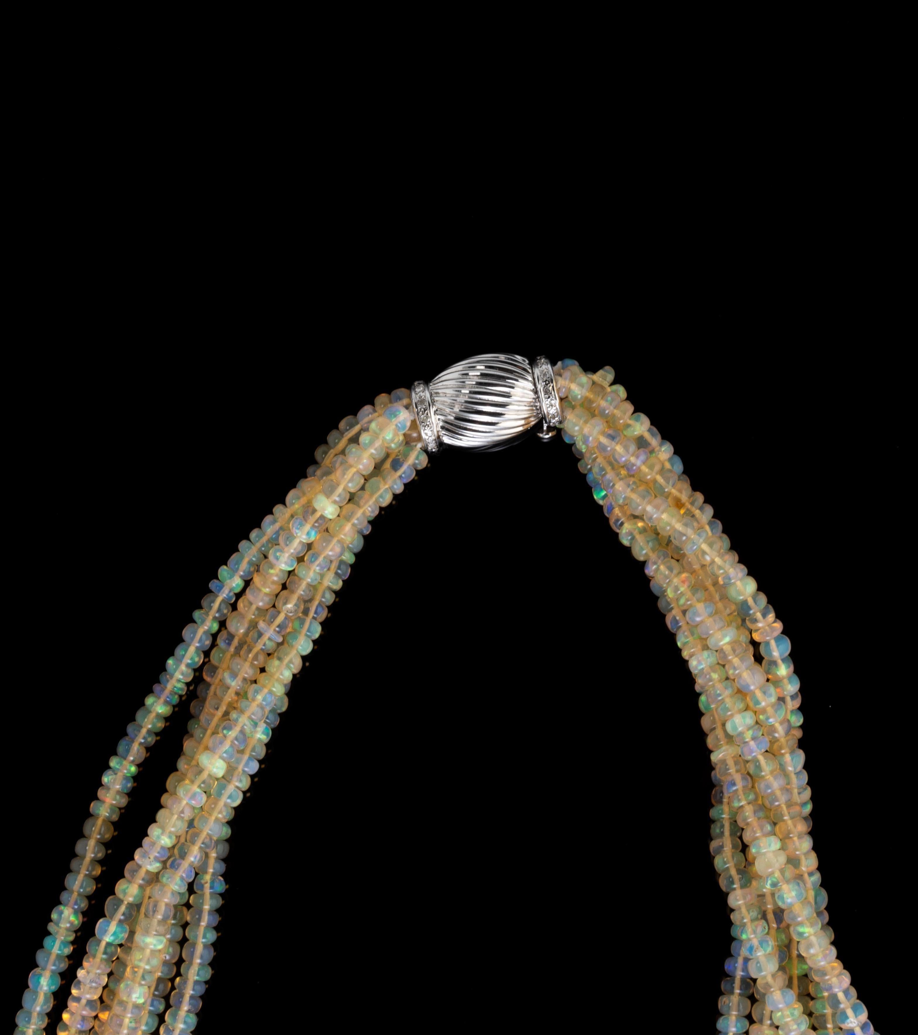 Emerald Cut Carved Emerald and Opal Beads 18K Gold Multi-Strand Necklace For Sale