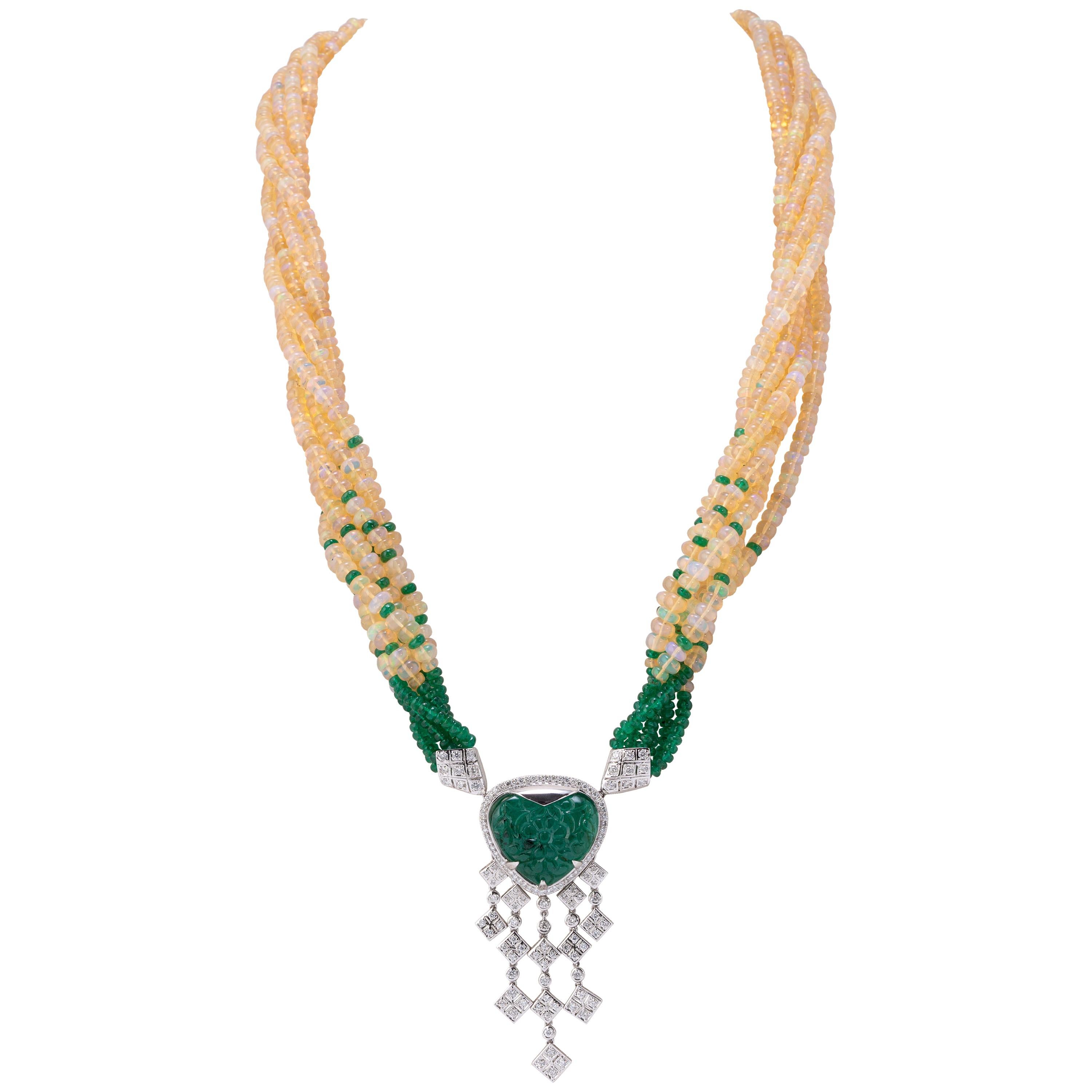 Carved Emerald and Opal Beads 18K Gold Multi-Strand Necklace For Sale