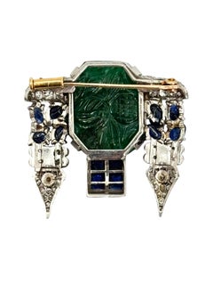 Art Deco Carved Emerald, Sapphire, Onyx & Diamond Brooch
