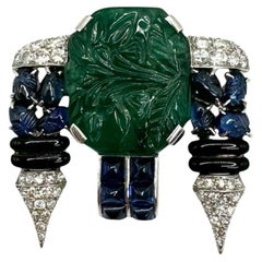 Art Deco Carved Emerald, Sapphire, Onyx & Diamond Brooch