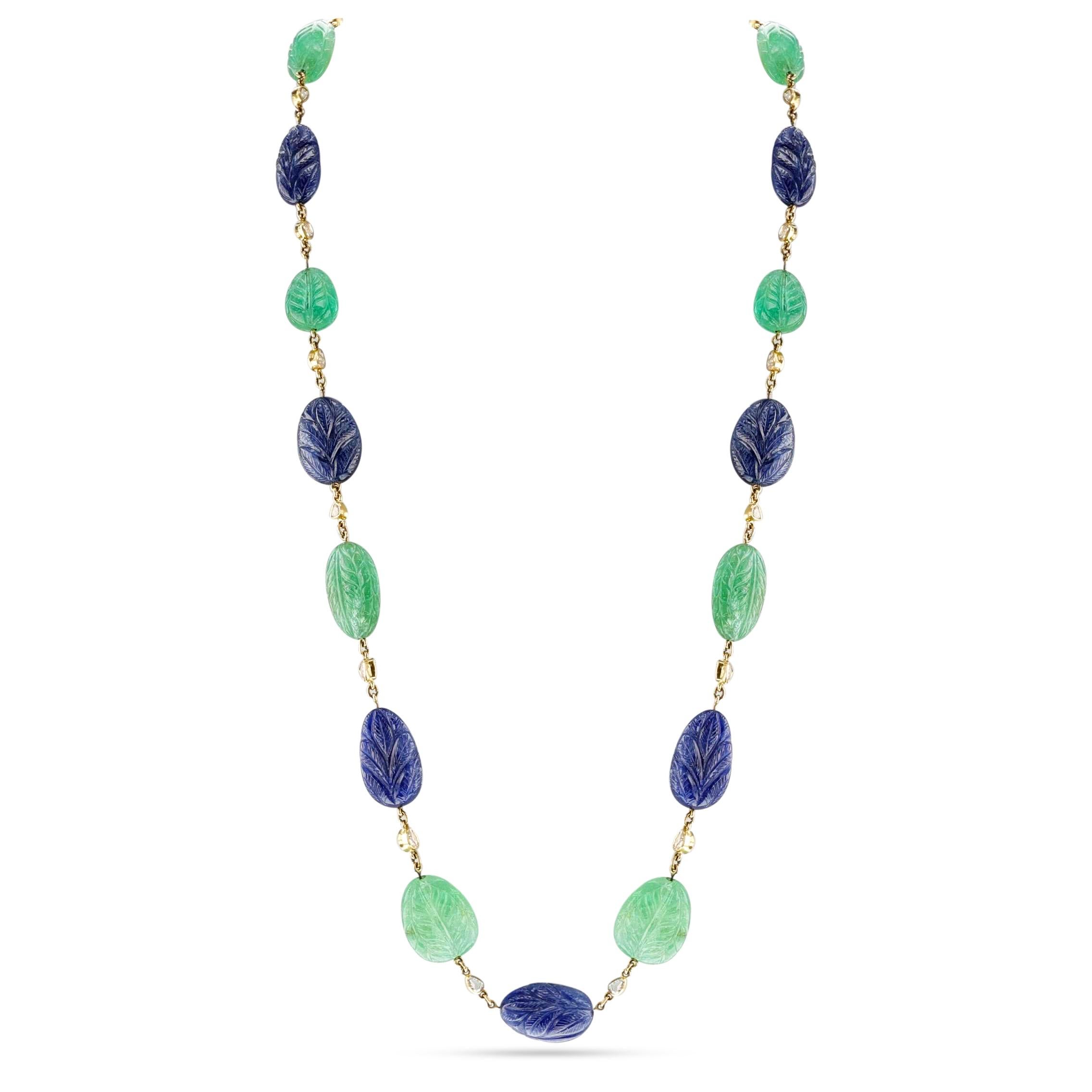 Mixed Cut Carved Emerald and Sapphire with Diamond Necklace, 18k Yellow For Sale