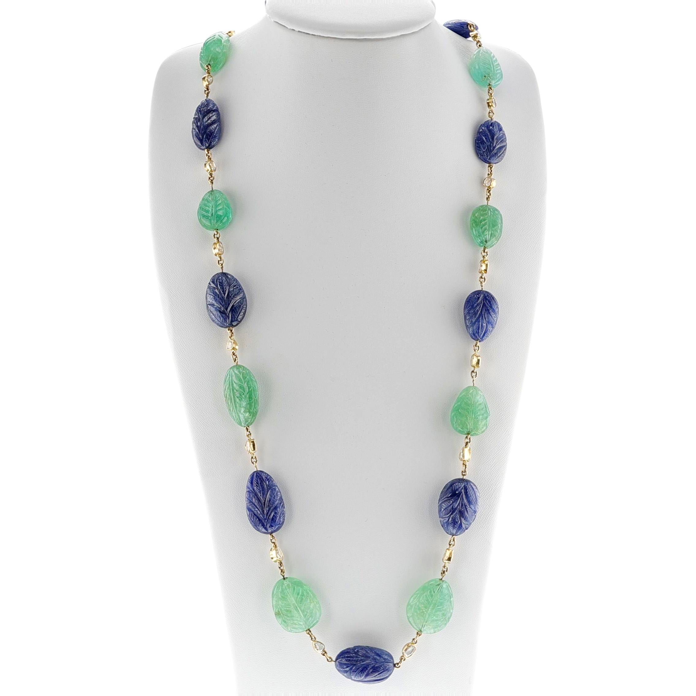 Carved Emerald and Sapphire with Diamond Necklace, 18k Yellow In Excellent Condition For Sale In New York, NY