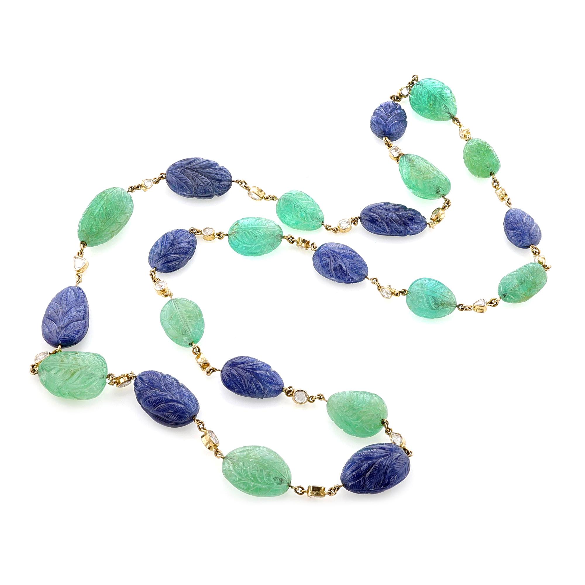 Women's or Men's Carved Emerald and Sapphire with Diamond Necklace, 18k Yellow For Sale
