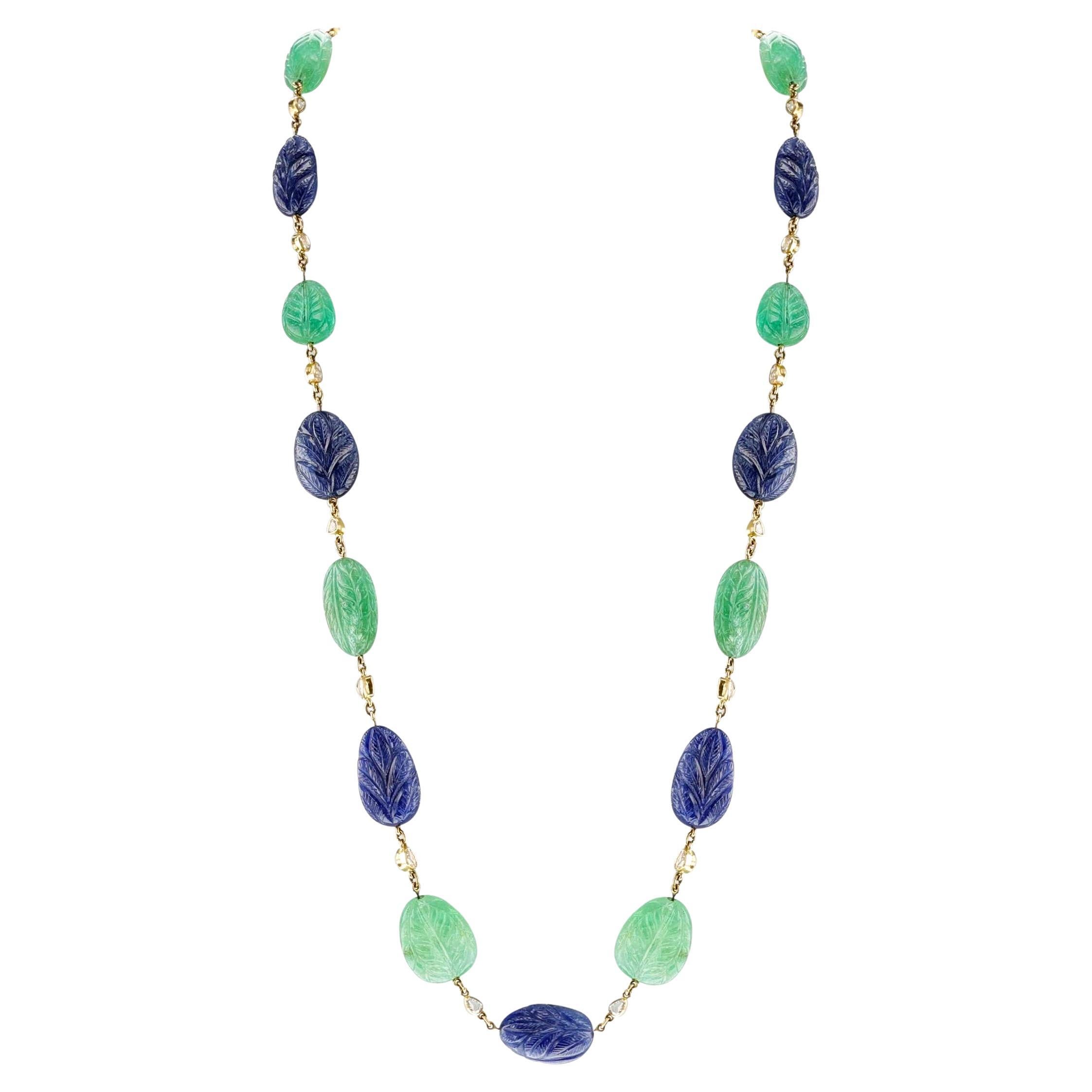 Carved Emerald and Sapphire with Diamond Necklace, 18k Yellow For Sale