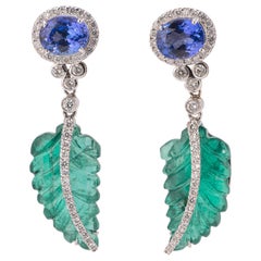 Carved Emerald and Tanzanite Dangle Earring