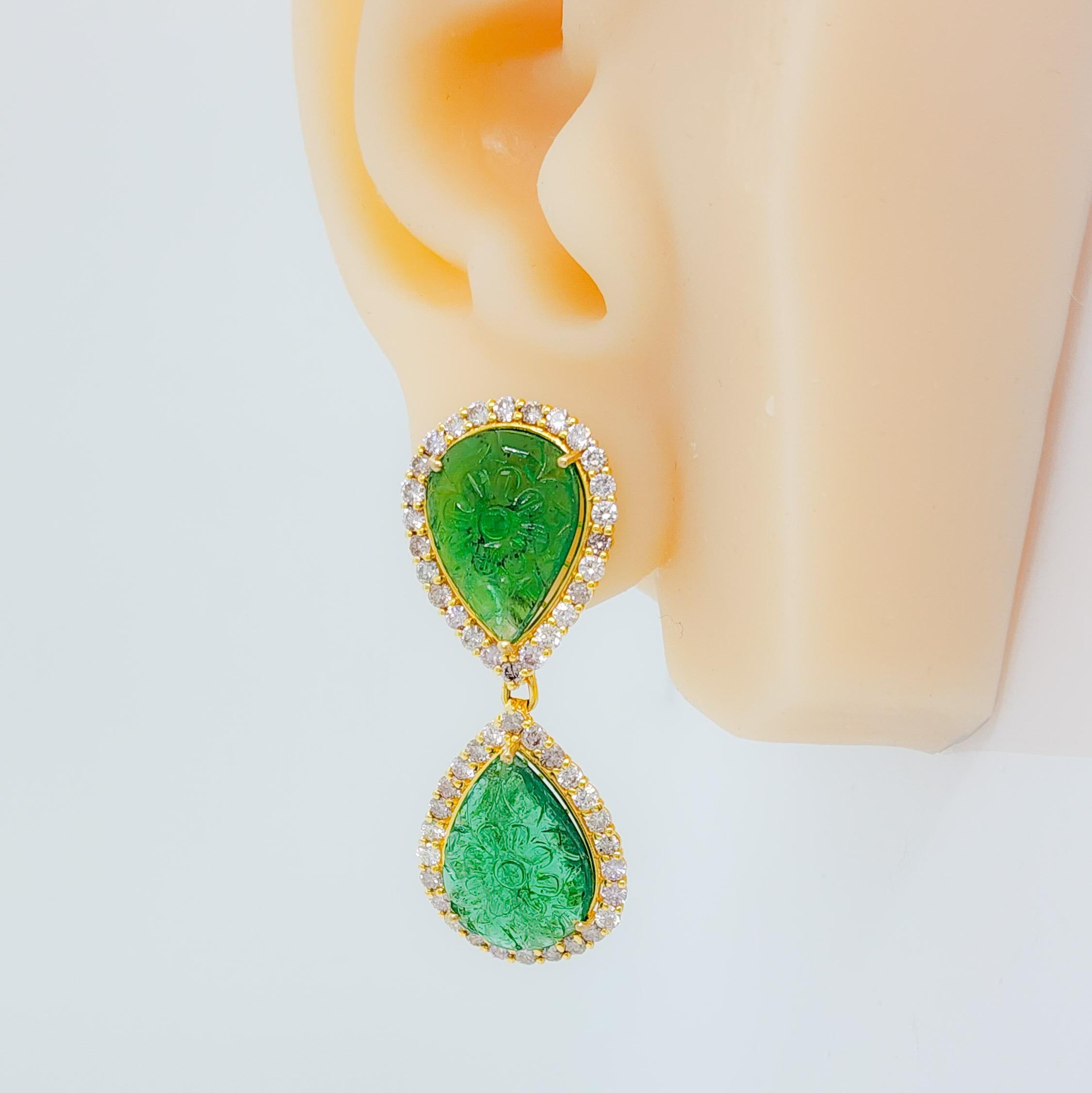 Pear Cut Carved Emerald and White Diamond Dangle Earrings in 18k Yellow Gold For Sale