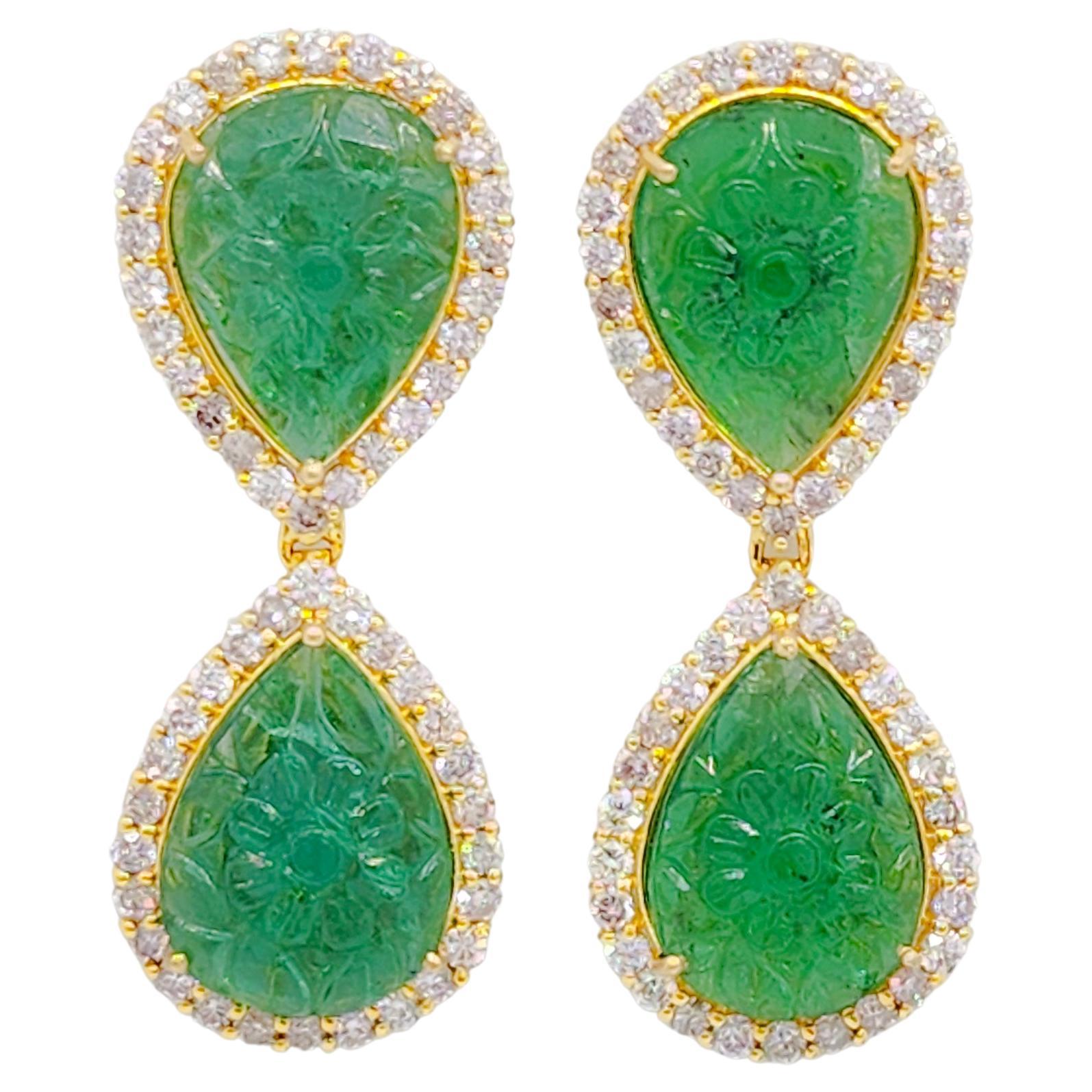Carved Emerald and White Diamond Dangle Earrings in 18k Yellow Gold For Sale