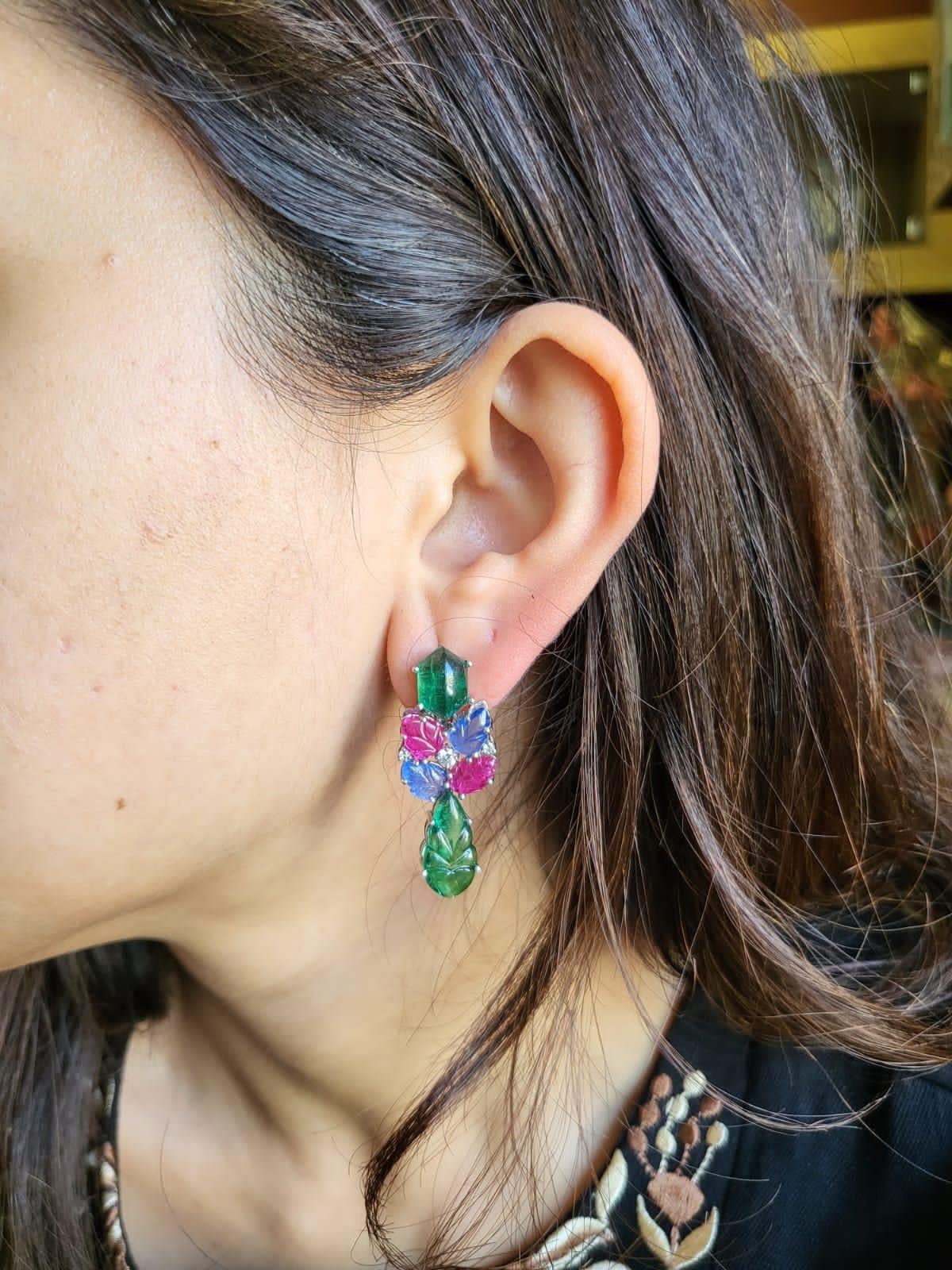 Art Deco Carved Emerald, Blue Sapphire, Rubies & Diamonds Tutti Frutti Dangle Earrings