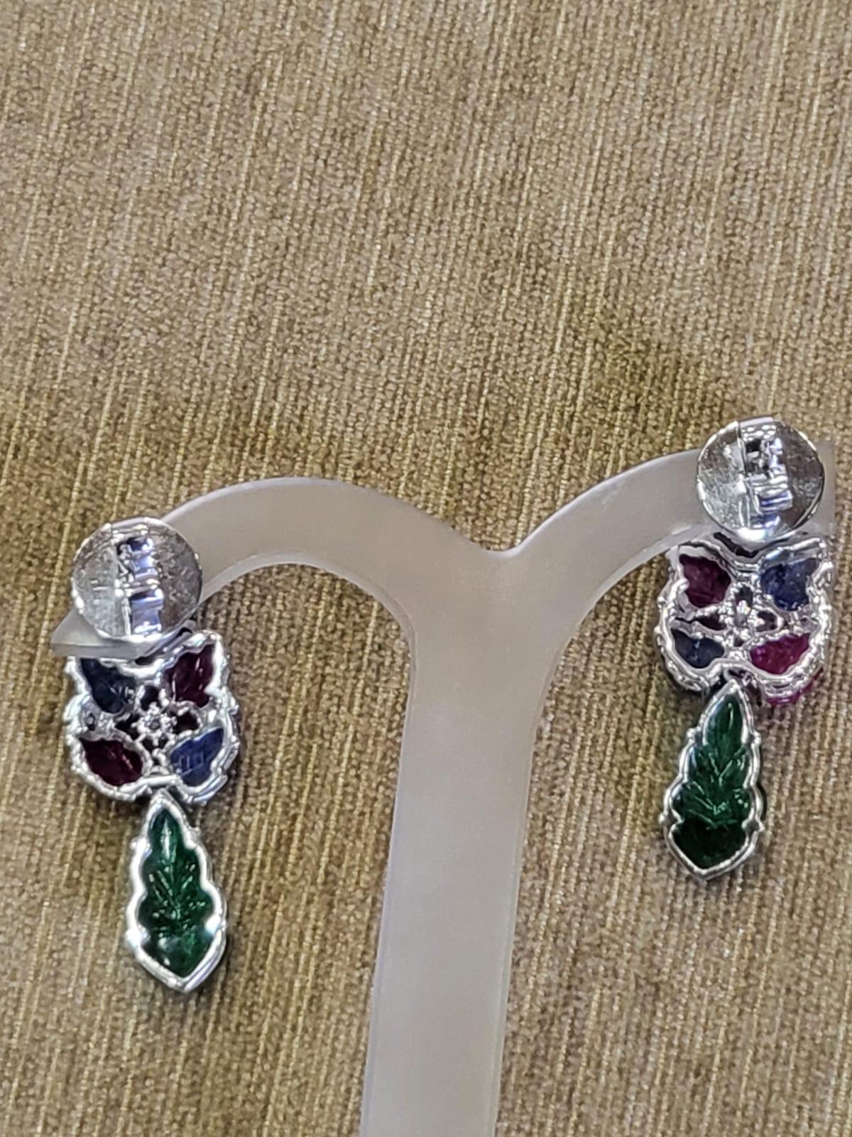 Round Cut Carved Emerald, Blue Sapphire, Rubies & Diamonds Tutti Frutti Dangle Earrings