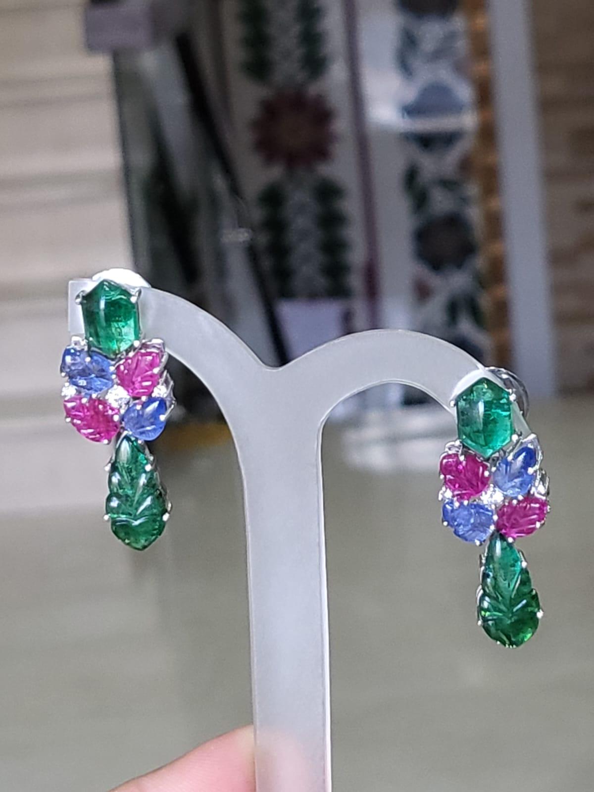 Carved Emerald, Blue Sapphire, Rubies & Diamonds Tutti Frutti Dangle Earrings In New Condition In Hong Kong, HK