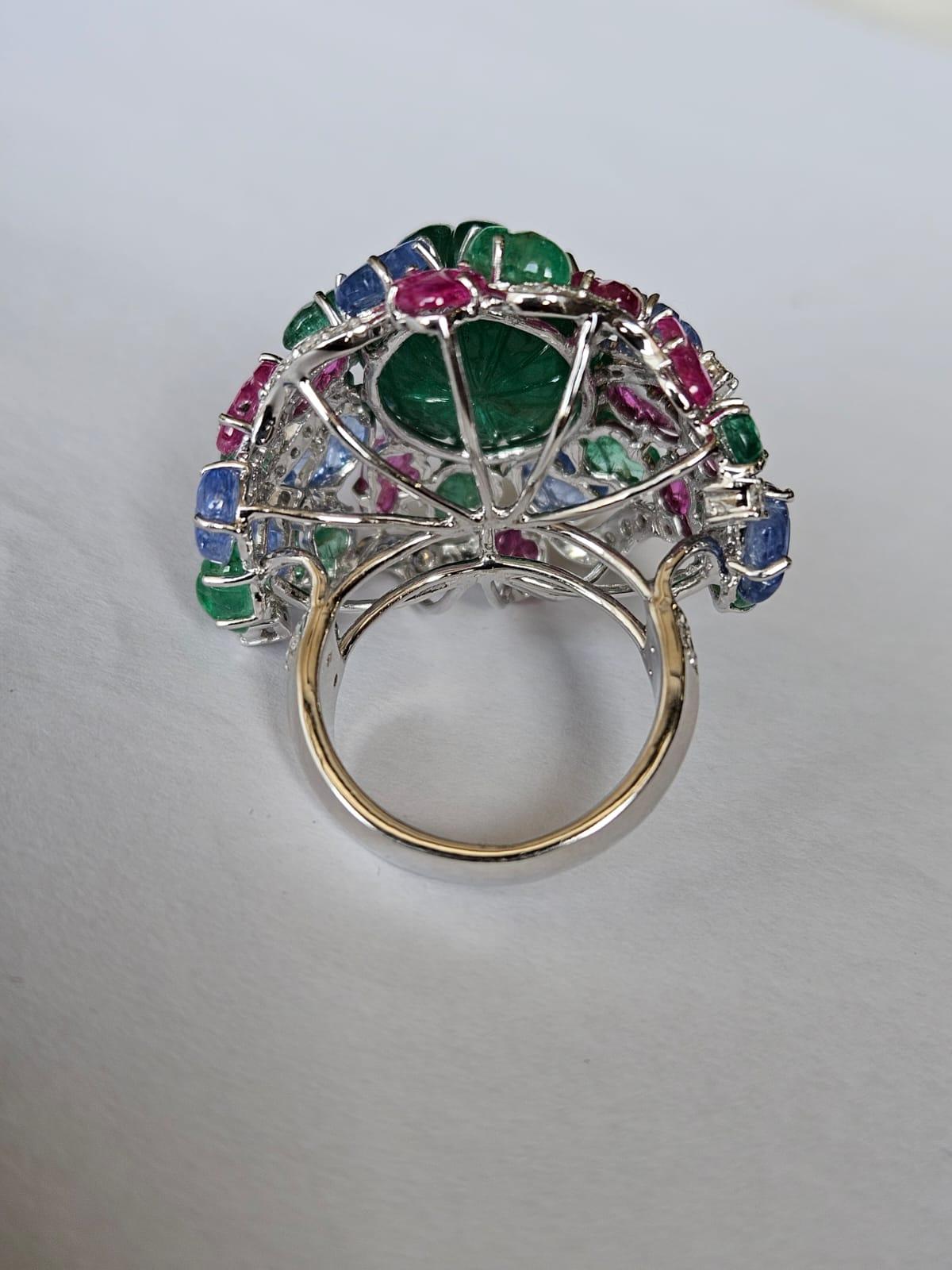 Art Deco Carved Emerald, Blue Sapphires, Rubies & Diamonds Tutti Frutti Cocktail Ring For Sale