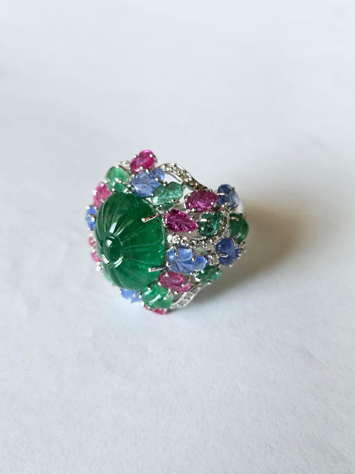 Round Cut Carved Emerald, Blue Sapphires, Rubies & Diamonds Tutti Frutti Cocktail Ring For Sale