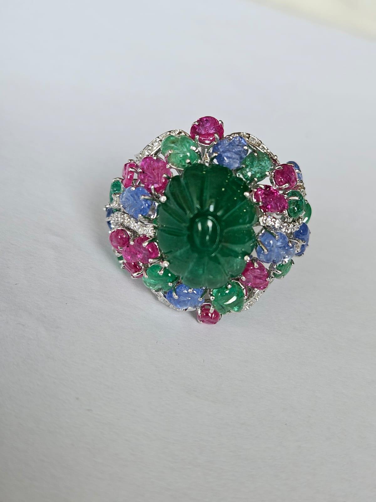 Carved Emerald, Blue Sapphires, Rubies & Diamonds Tutti Frutti Cocktail Ring In New Condition For Sale In Hong Kong, HK