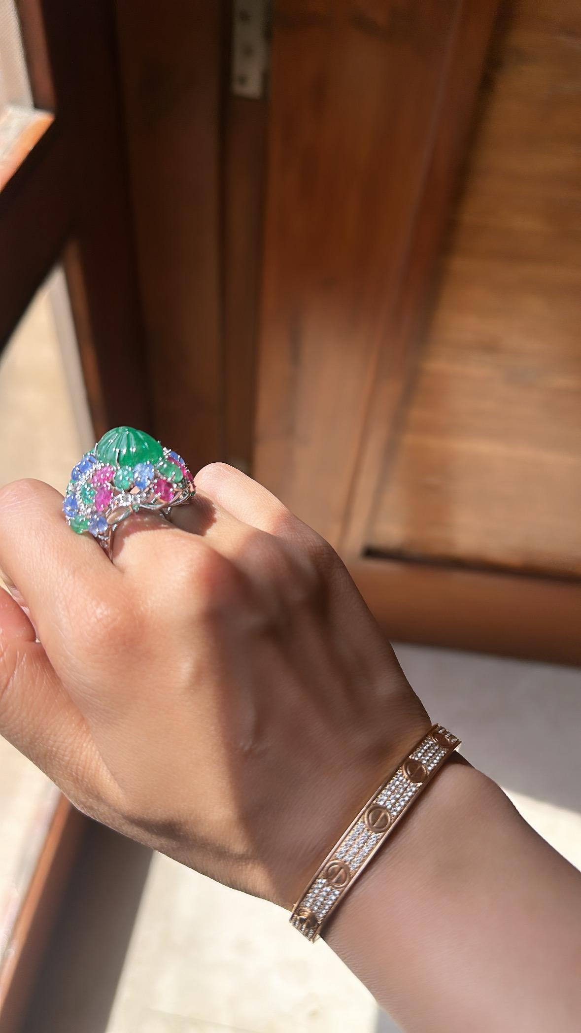 Women's or Men's Carved Emerald, Blue Sapphires, Rubies & Diamonds Tutti Frutti Cocktail Ring For Sale
