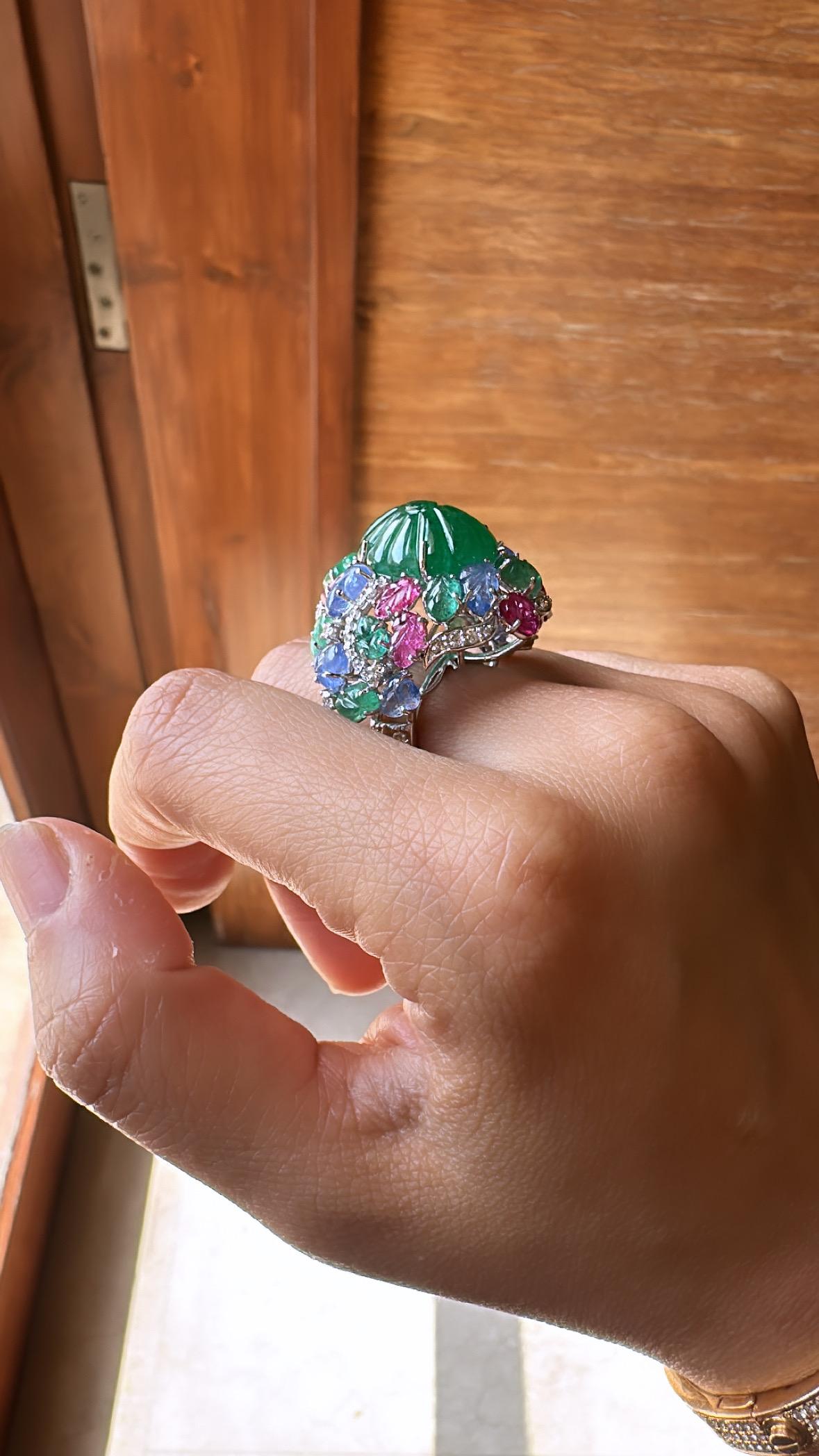 Carved Emerald, Blue Sapphires, Rubies & Diamonds Tutti Frutti Cocktail Ring For Sale 2