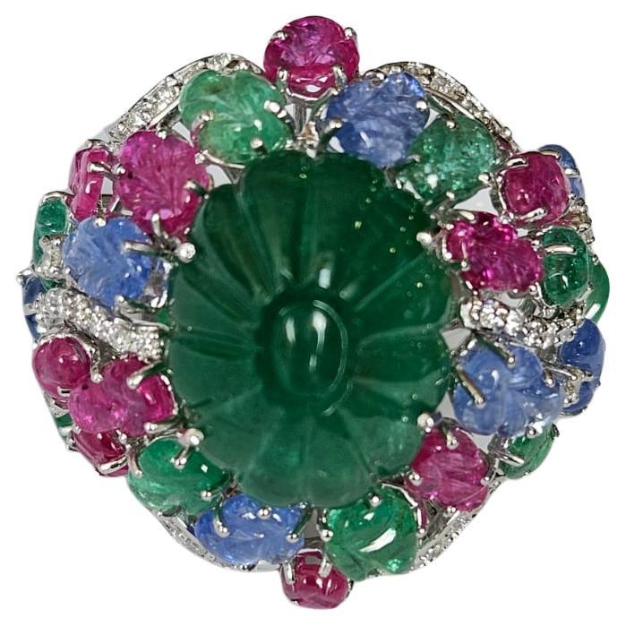 Carved Emerald, Blue Sapphires, Rubies & Diamonds Tutti Frutti Cocktail Ring For Sale
