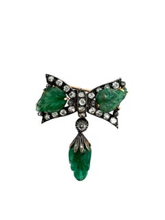 Victorian Carved Emerald and Diamond Bow Brooch in 14K Gold and Silver