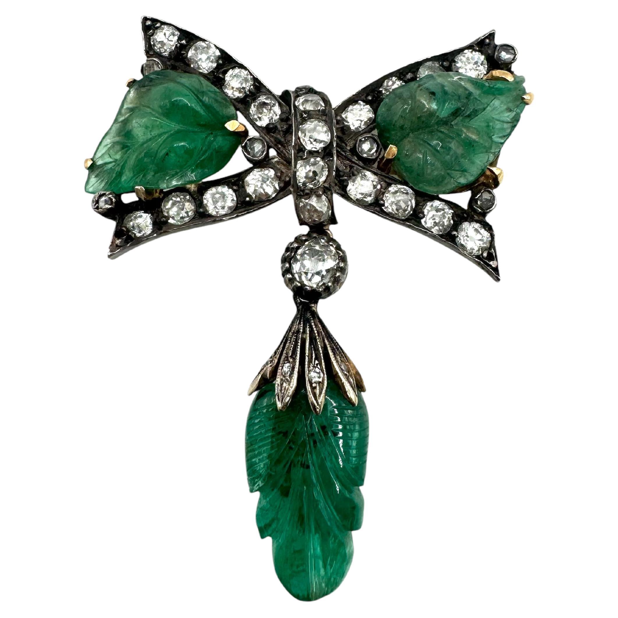 Victorian Carved Emerald and Diamond Bow Brooch in 14K Gold and Silver
