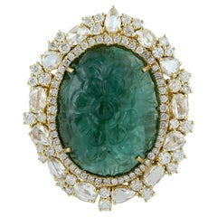 Carved Emerald Cocktail Ring With Diamonds In 18k Yellow Gold