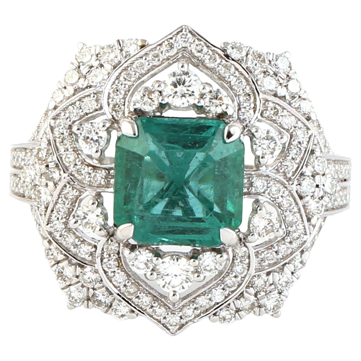 Carved Emerald Cocktail Ring with Filigree Work & Diamonds in 18k White Gold For Sale