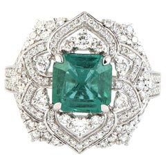 Carved Emerald Cocktail Ring with Filigree Work & Diamonds in 18k White Gold