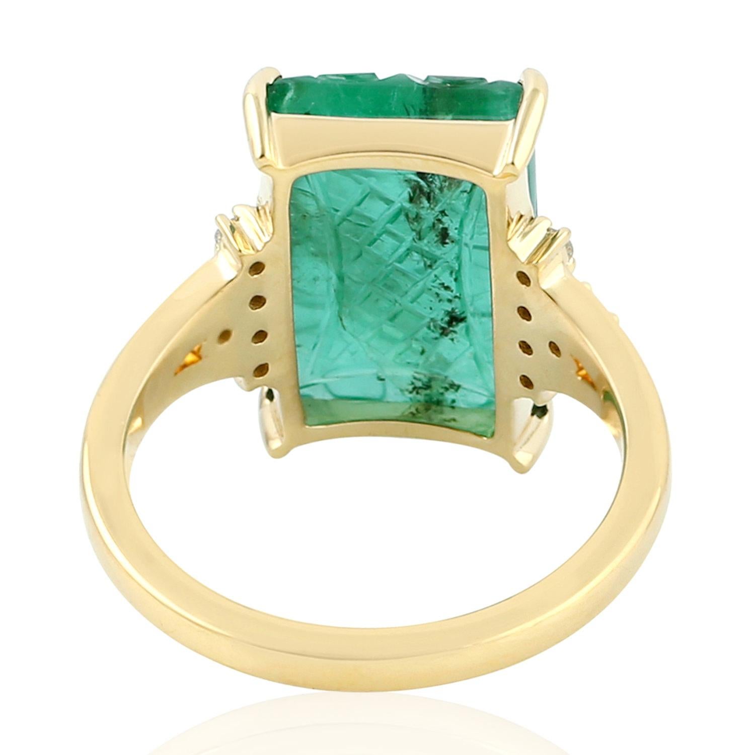 Emerald Cut Carved Emerald Cocktail Ring with Pave Diamonds Made in 18k Gold For Sale