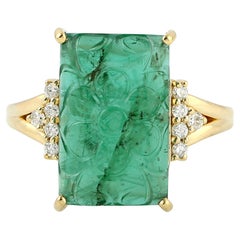Carved Emerald Cocktail Ring with Pave Diamonds Made in 18k Gold